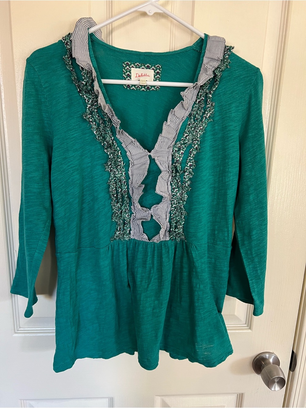 Deletta Anthropologie Teal Ruffle Trim Babydoll Top Quarter Sleeve Large - Picture 6 of 8